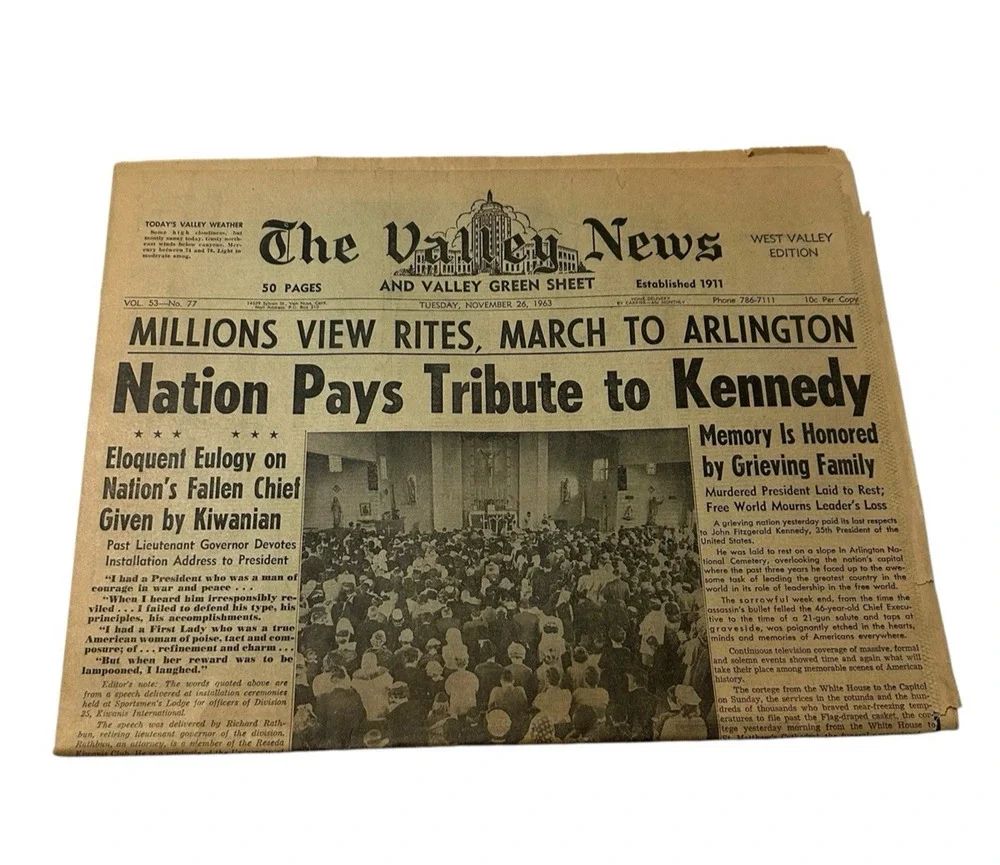 Newspaper Assassination John F Kennedy JFK Jackie 1960s Nation Pays Tribute
